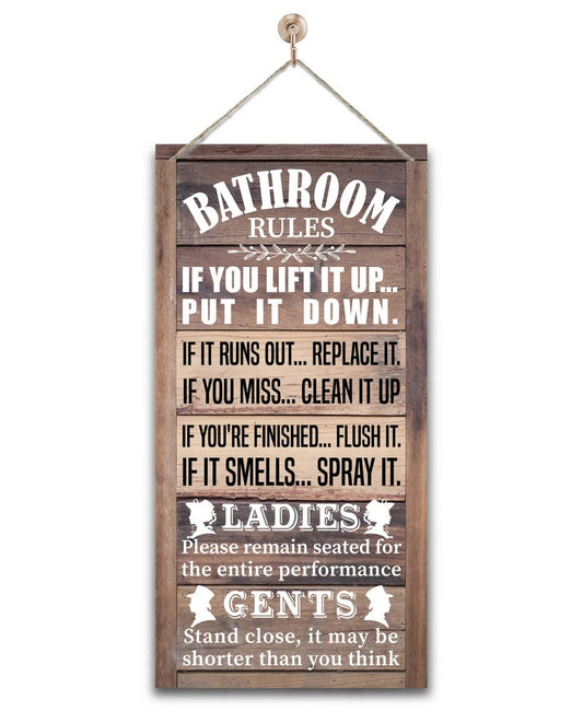 Funny Bathroom Rules Sign - Rustic Bathroom Decor for Farmhouse, Western & Country Bathrooms - Vintage Wooden Wall Art with Humorous Etiquette, Ready to Hang for Guest Bath & Restroom