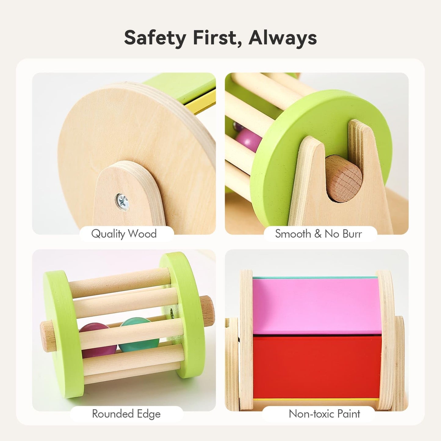IEATFO 2-in-1 Montessori Baby Toys | Wooden Spinning Drum & Rolling Rattle Combo for 3 6 12 Months | Sensory Development Toys with Mirror, Bells & Tummy Time Play | ASTM Certified Gift (Girl/Boy)