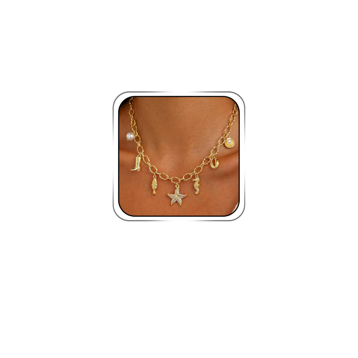Chunky Charm Cross Pearl Necklace For Women Seashell Shell Starfish Beach Bow 14K Gold Plated Pendant Summer Jewelry (02 Starfish)