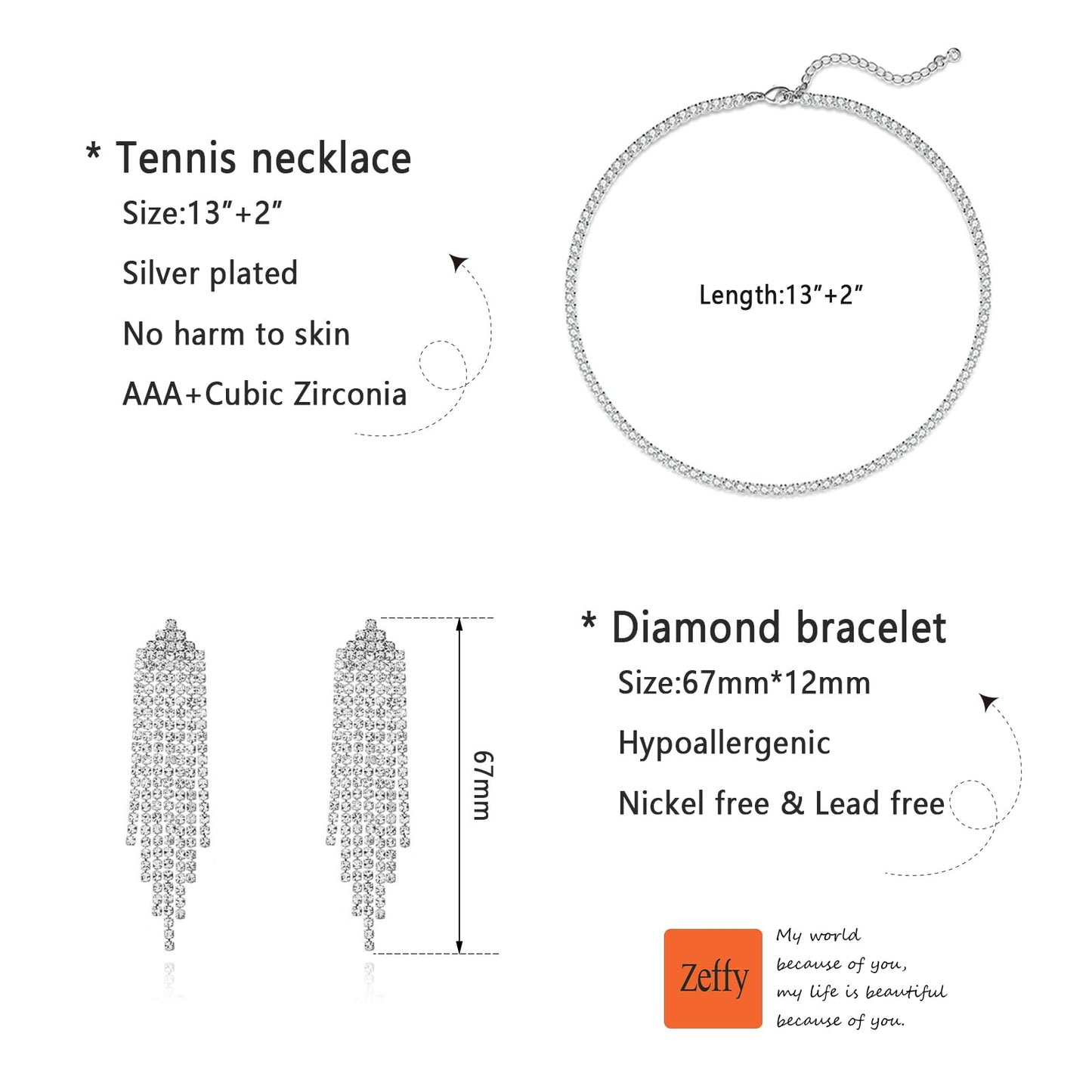 Zeffy Tennis Necklace Jewelry Sets for Women, Rhinestone Earrings Dangling for Women, rhinestone choker necklaces with White AAA Cubic Zirconia, Bridal Jewelry Set for Wedding