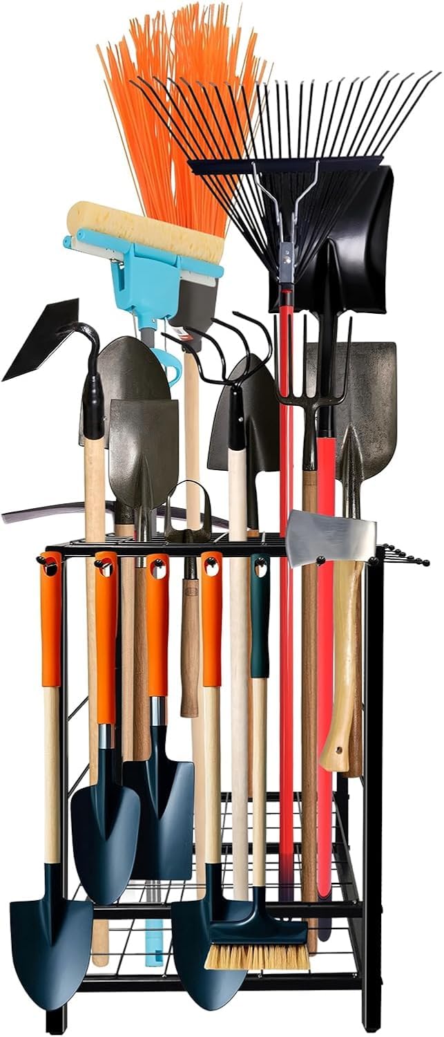HobbyField Garden Tool Organizer, 15 * 15 * 27 Yard Tool Storage Rack for Garage, Shed, and Outdoor Use, Partitioned Tool Stand for Rakes, Shovels, Brooms, and More