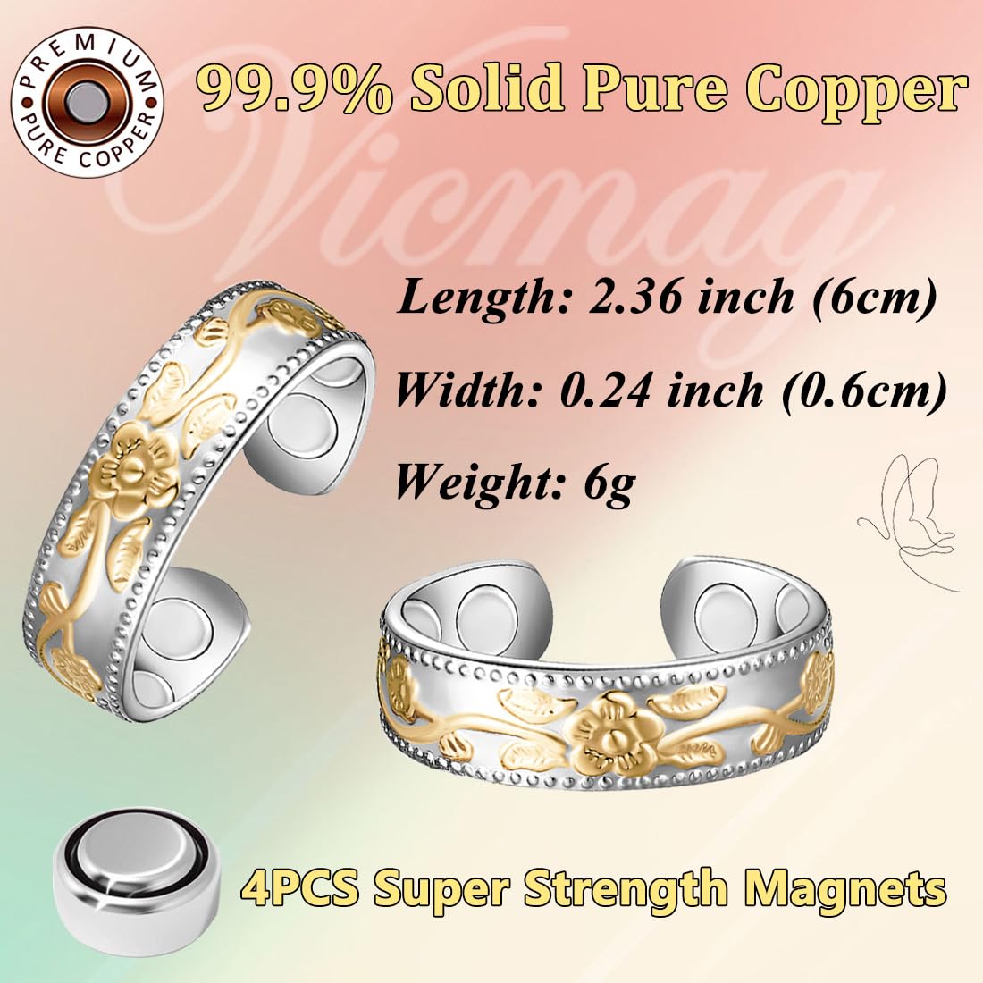 Vicmag Copper Magnetic for Women Men 100% Solid Pure Copper Adjustable with Gift Box (Gold and silver plum copper)