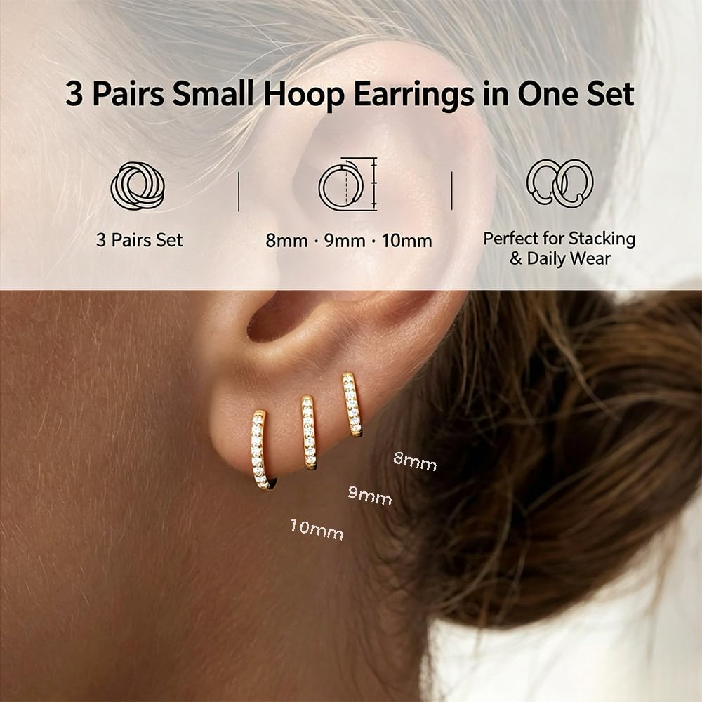 3 Pairs Gold Earrings for Women Hoop Earrings Non Tarnish: 14K Gold Plated Nickel Free Small Huggie Hoops Lightweight Earrings for Sensitive Ears, Sleep, Swim, Multiple Piercings 1st 2nd 3rd Ear Hole Helix