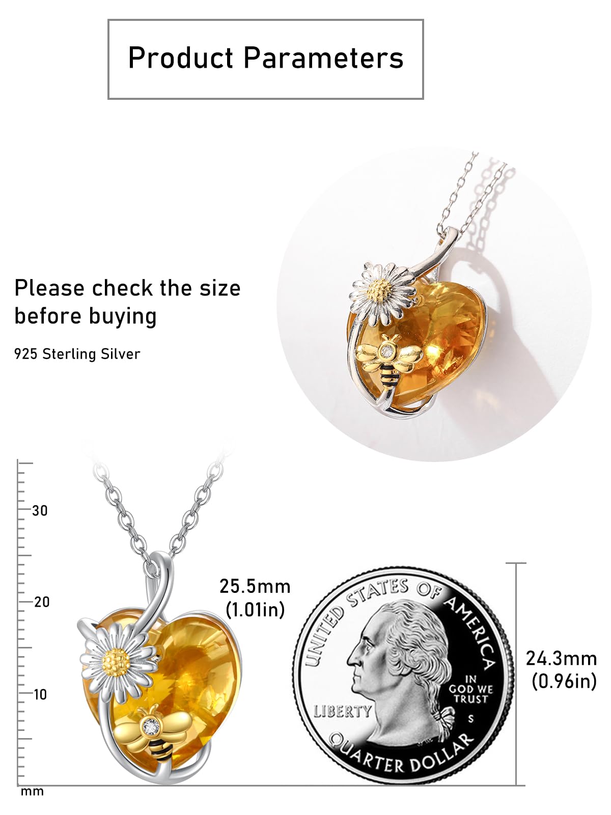 AENEAS Valentines Day Gifts for Women Her Bee Necklace 925 Sterling Silver Daisy Honey Bee Pendant Necklace with Love Heart Citrine Crystal Jewelry for Birthday Christmas Anniversary