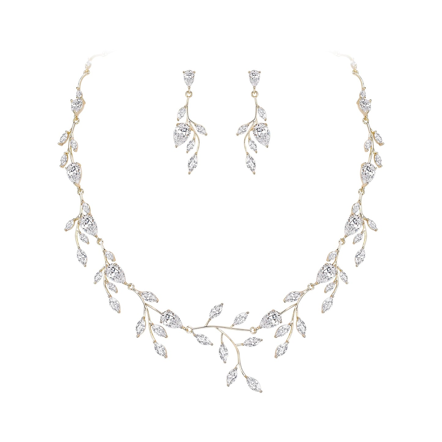 EVER FAITH Wedding Jewelry for Bride Women Bridesmaid, Sparkly Cubic Zirconia Pear-Shaped Birthstone Leaf Necklace Earrings Set for Prom Clear Gold-Plated-Brass