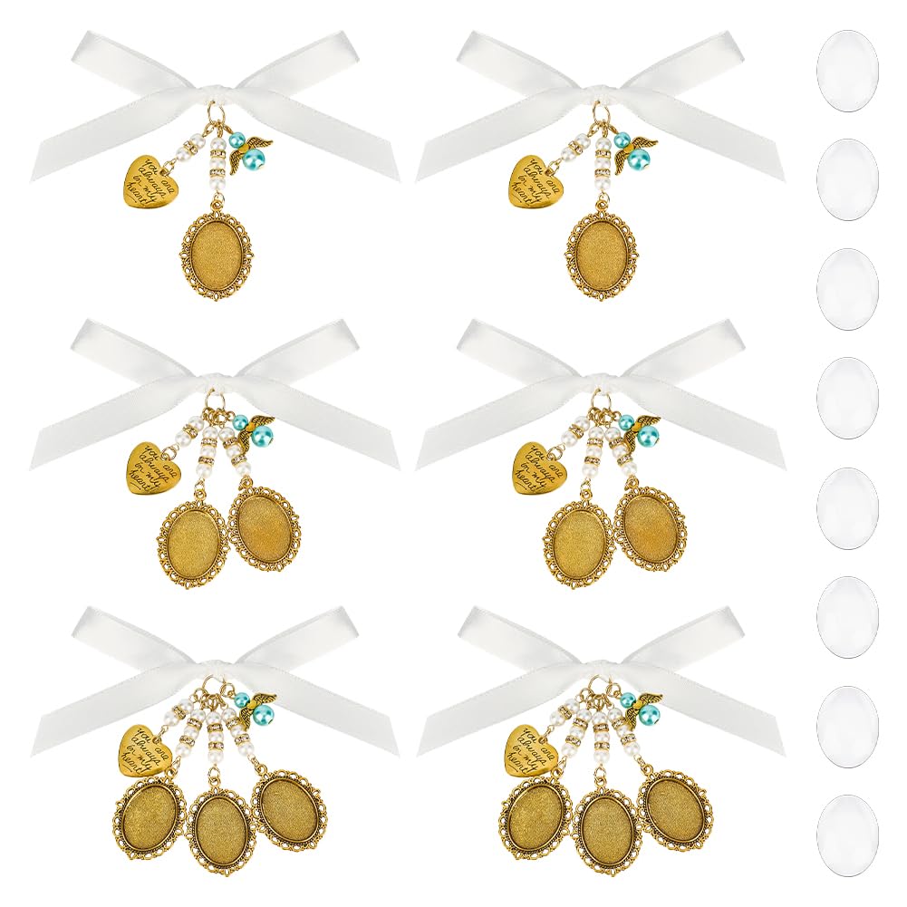 UNICRAFTALE 6Pcs Wedding Bouquet Photo Charms Antique Golden DIY Pin Brooch Making Kit with Heart Charm Blank Metal Oval Clear Glass Cabochons Holds 3 Pictures for Photo Charm Wedding Party