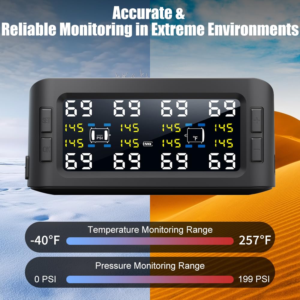 B-Qtech Tire Pressure Monitoring System Solar TPMS w/8 Flow Thru Sensors & Signal Repeater - Long Range Transmission for RV/Truck/Trailer/Camper, 7 Alert Modes Real Time Monitoring (0-199 PSI)