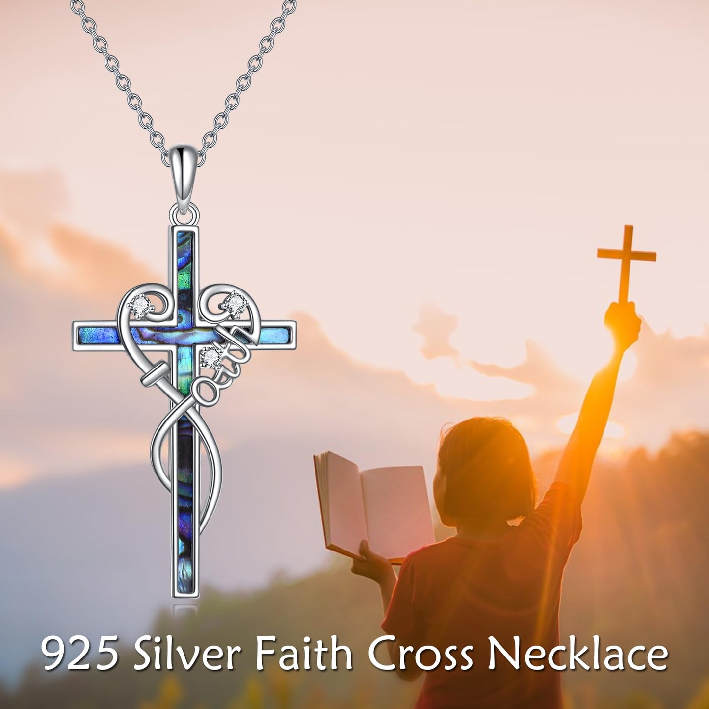 LUHE Faith Cross Necklace for Women Sterling Silver Faith Cross Pendant Necklace with Abalone Christian Jewelry Gift for Her