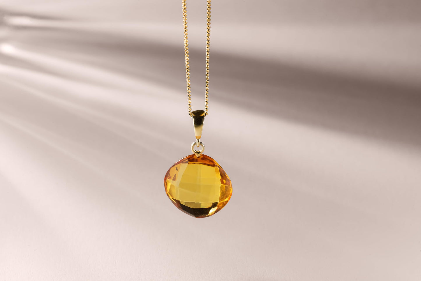 Amber by Mazukna Natural Baltic Amber Pendant for Women, Cognac Drop Necklace with Gold-Plated Sterling Silver Chain, Lightweight 18-inch Jewelry Gift for Everyday Elegance (Faceted Cushion)