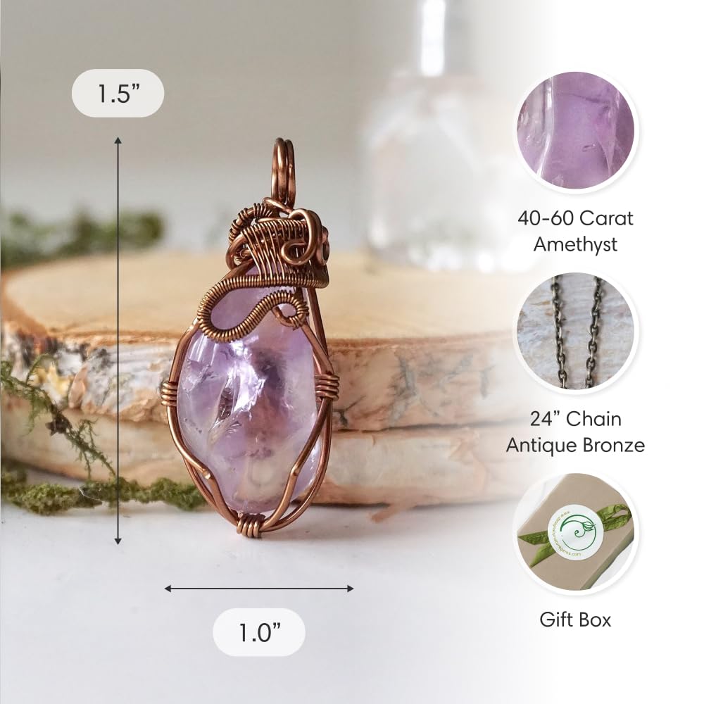 Designs by Nature Gems Natural Amethyst Necklace for Women - February Birthstone Necklace for Women - Designer Pendant Necklace - 40-60 Carat Amethyst, Antique Bronze Chain
