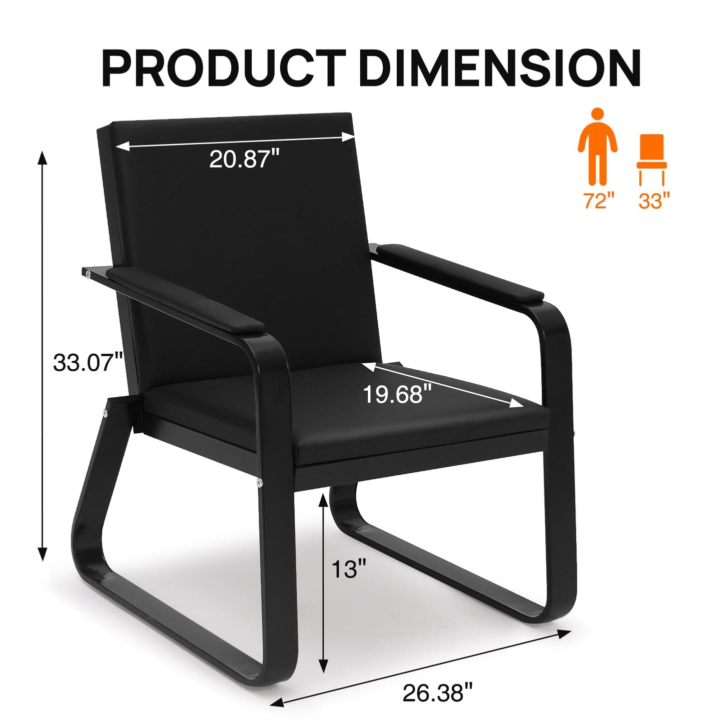 walnest Guest Reception Chair with Padded Arms, PU Leather, Heavy Duty 330 Lb Capacity, Black (Black, Double seat)