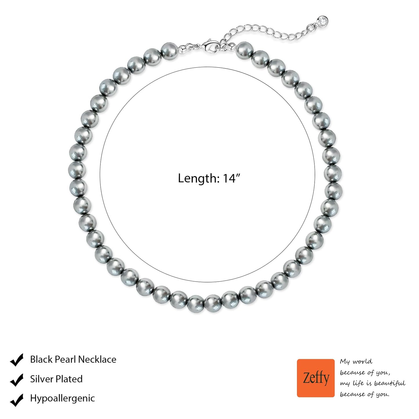 Zeffy Pearl Necklace 8MM Grey Dainty Round Imitation Pearl Handmade Beaded Choker Necklace Wedding Pearl Necklace Delicate Jewelry for Women Simple Bridesmaid Jewelry Gifts