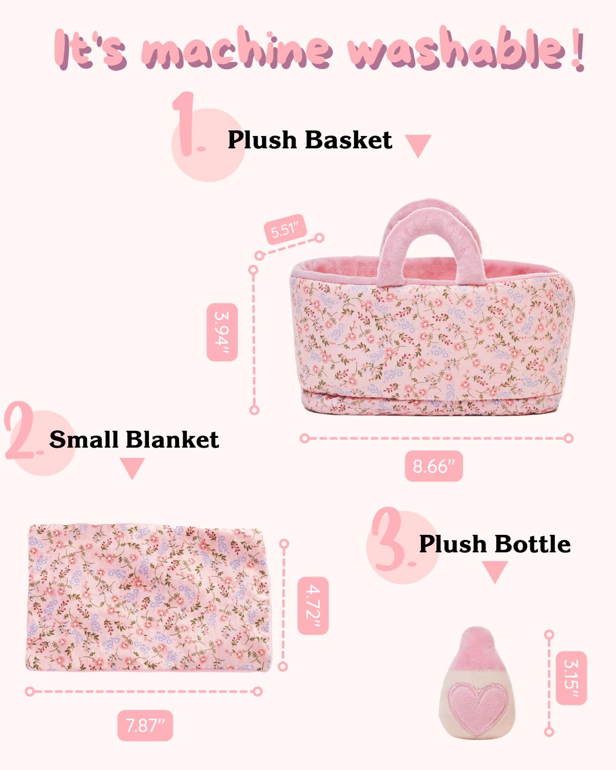 LeyaDoll Soft Baby Doll Set for Toddlers - Personalized Plush Doll Toys with Bassinet, Blanket and Bottle, First Baby Doll Accessories (9'') for Girls Pretend Play and Sleeping Cuddle - Cherry Baby