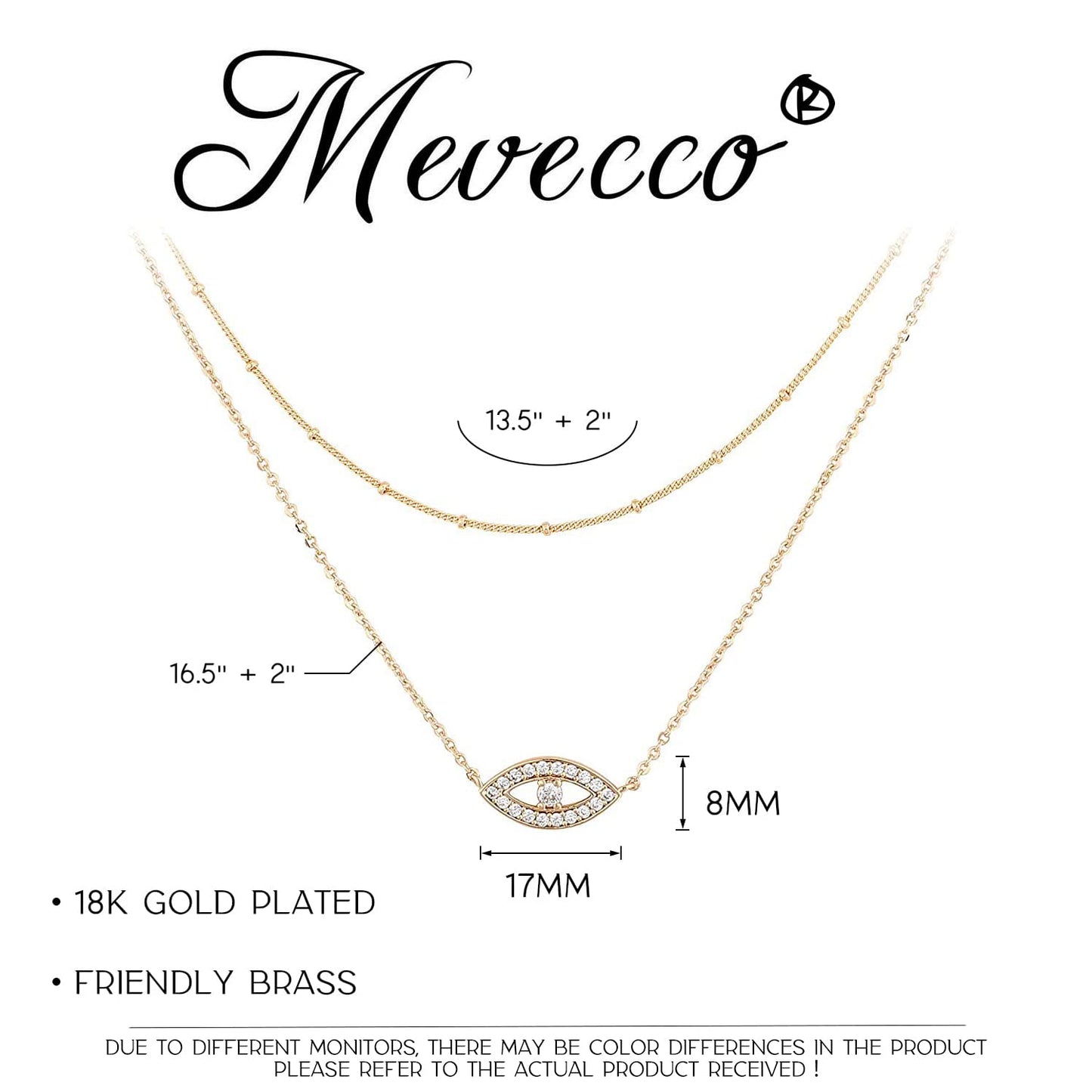 MEVECCO Gold Dainty Layered Evil Eye Necklace,18K Gold Plated Cute Delicate Tiny White Cubic Zirconia Solitire Bead Chain Necklace,Layer Minimalist Necklace for Women