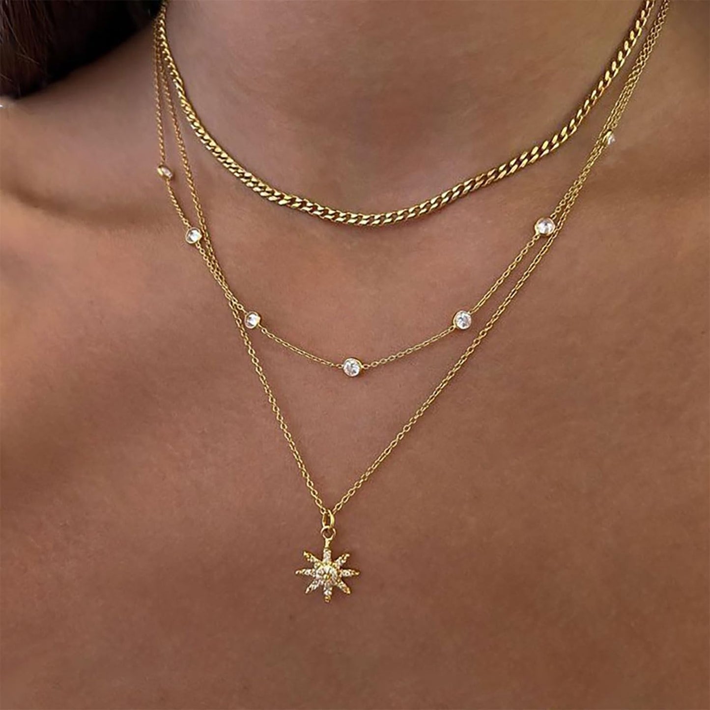 XIXINI Layered Necklaces for Women, Dainty Star Pendant Necklace Stack 14k Gold Plated Layering Cuban CZ Choker Necklace Set Simple Cute Gold Necklaces for Women Trendy Fashion Jewelry Sets Womens