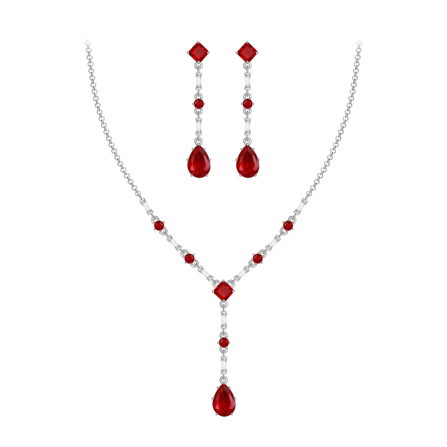 EVER FAITH Red Cubic Zirconia Jewelry Set Elegant Rhombic Birthstone Teardrop Wedding Prom Choker Necklace Dangle Earrings Sets for Women