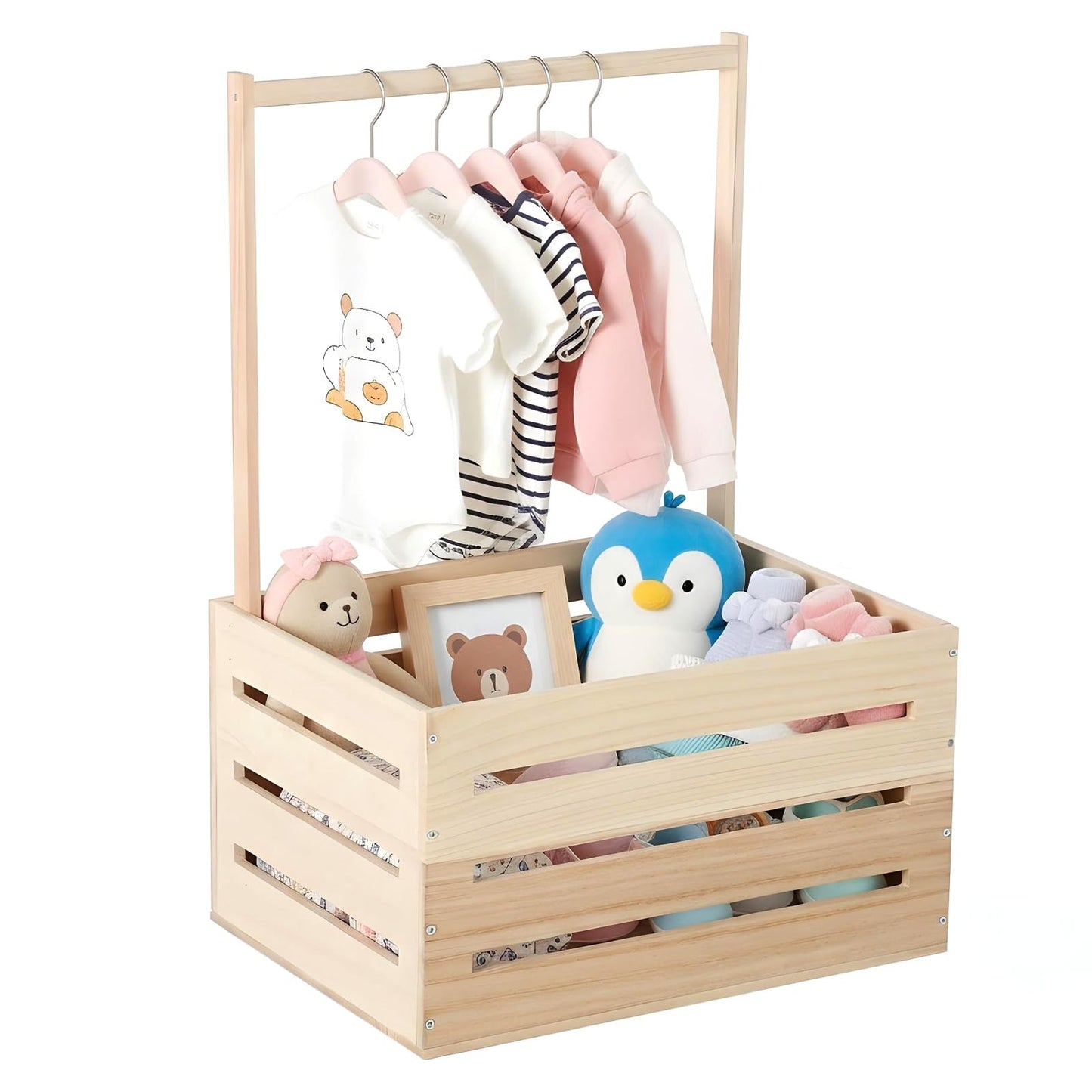 Aiyorse Wooden Baby Shower Crate Closet, Wooden Crate Basket with Handle Baby Gift Basket New Born Welcome Gift Hamper for Boys & Girls Welcome Babies Gifts for New Parents