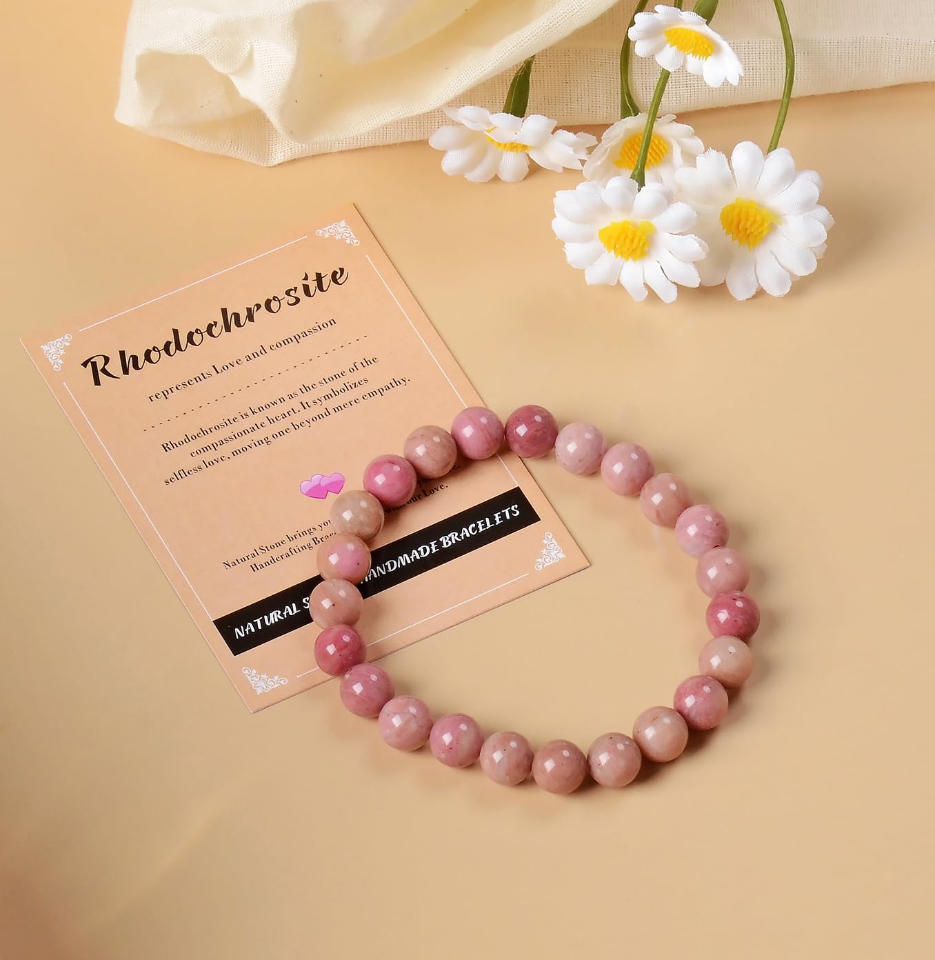 AD Beads Handmade Gemstone Stretch Elastic Bracelet Crystal Healing Reiki Nature's Beauty and Spiritual Essence Unisex (10mm, Rhodochrosite)