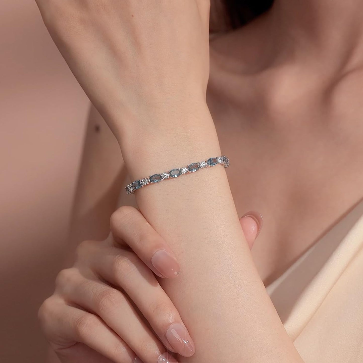 FANCIME Sterling Silver Created Aquamarine Tennis Bracelet March Birthstone Bracelet Oval CZ Dainty Charm Fine Jewelry for Women 7"