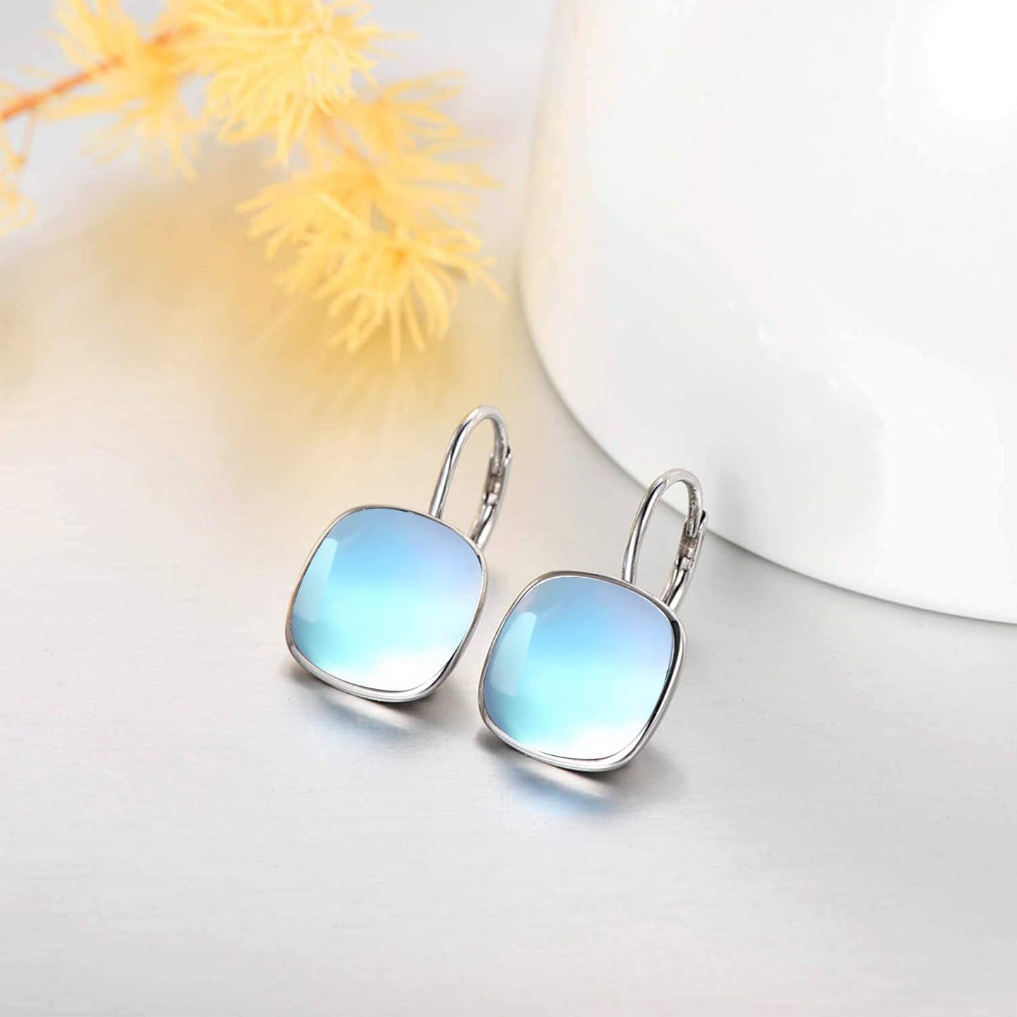 AOBOCO Sterling Silver Leverback Earrings Embellished with Crystals from Austria, Hypoallergenic Cushion Cut Square Crystal Earrings, Fine Anniversary Birthday Jewelry Gifts for Women (Moonstone Color)