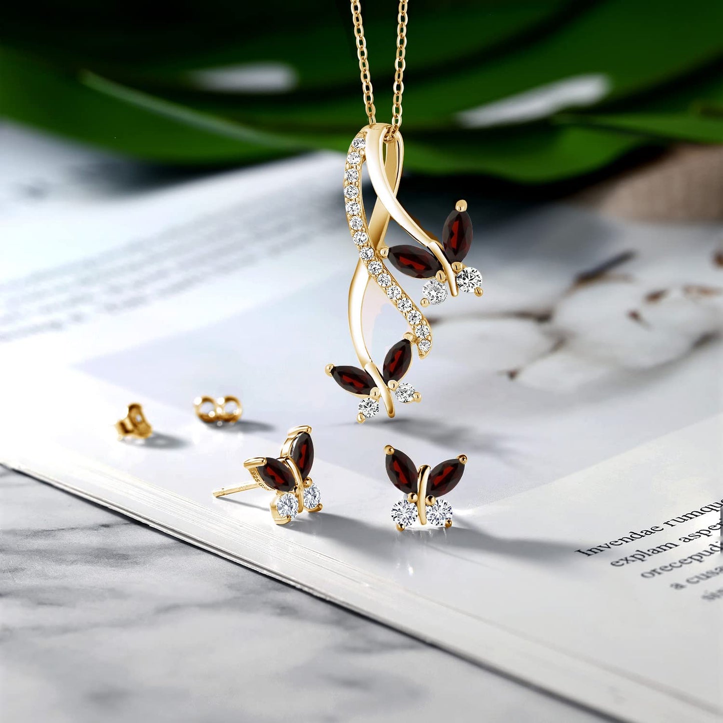 Gem Stone King 18K Yellow Gold Plated Silver Red Garnet Pendant and Earrings Jewelry Set For Women | 2.25 Cttw | Gemstone Birthstone | With 18 Inch Chain | Fine Jewelry Gifts for Her Mom Women Wife