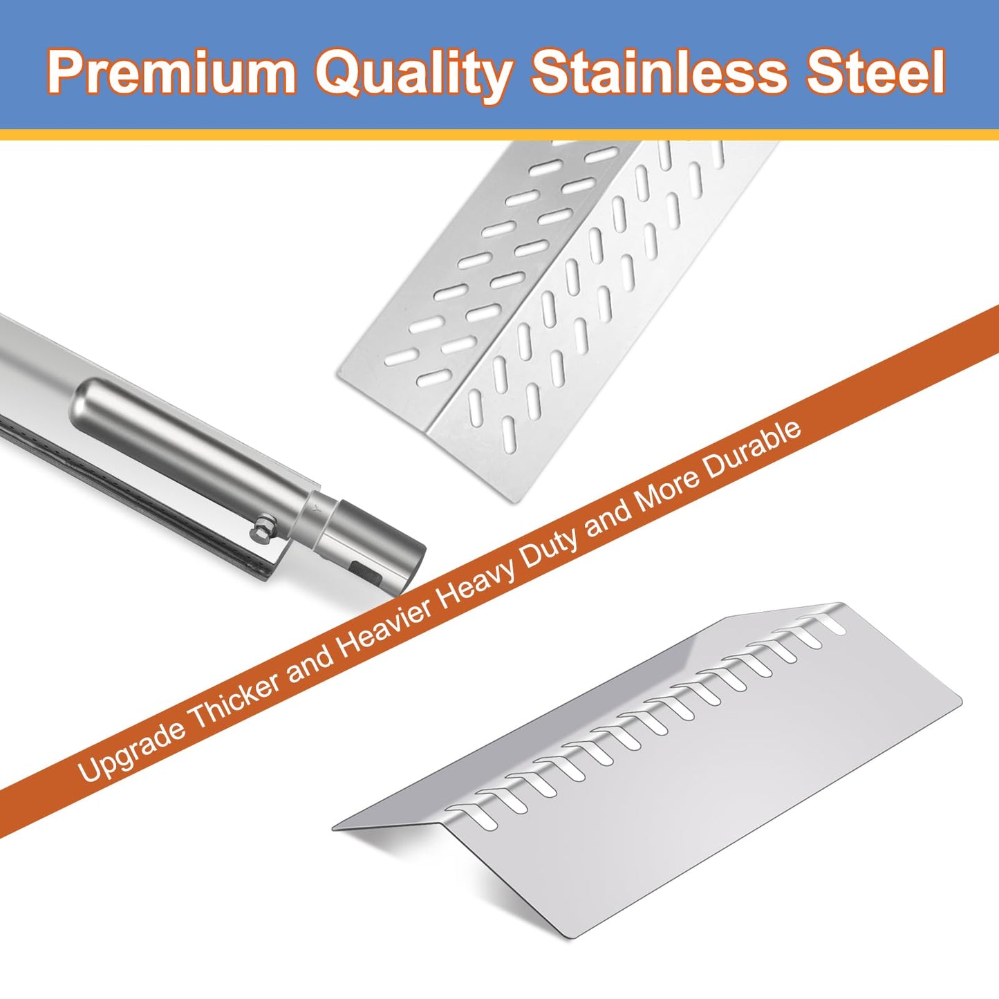 Derurizy 16631 16520 Heat Plates, 4 Pack 23301 Cast Stainless Steel Grill Burner Tubes and 4 Pack 16517 Cooking Grates Replacement for Bull Flame Tamer, Bull 26038 26039 47629 69008 16561 Bull Angus