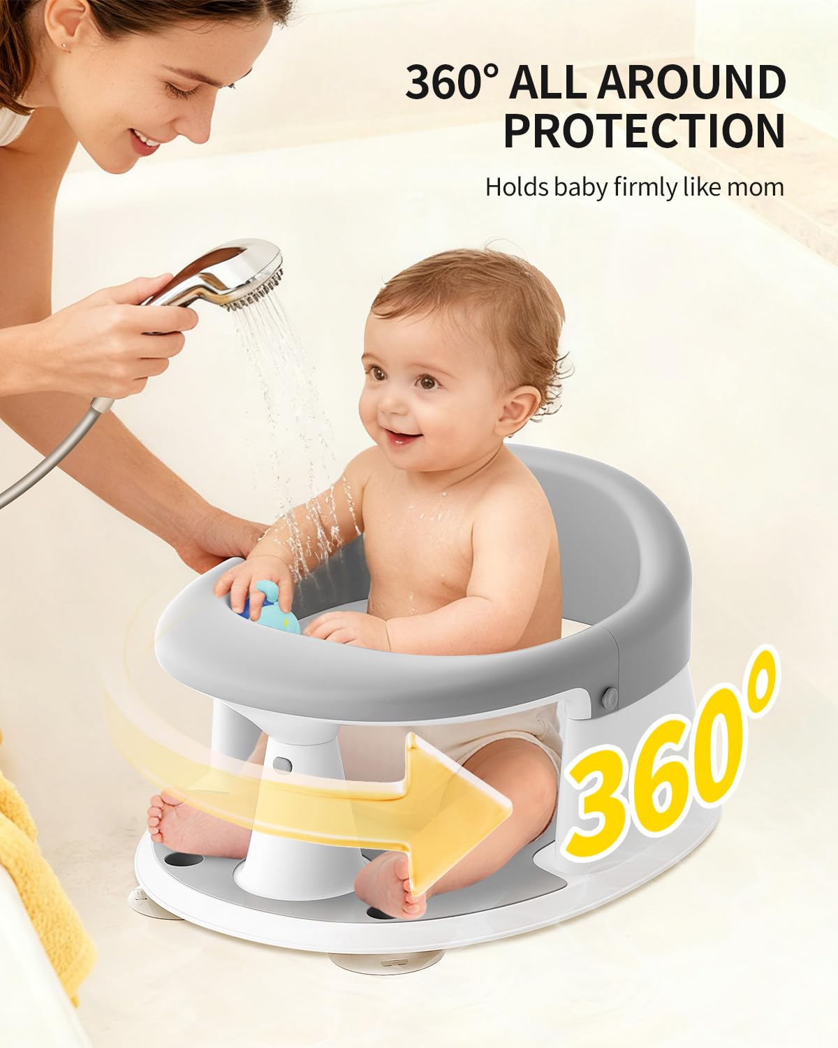 Baby Bath Seat for Babies 6 Months & Up, Bath Seats for Babies Sitting Up, 3 Baby Bath Toys, Open Design, Non-Slip, Compact Toddler Bath Seat.
