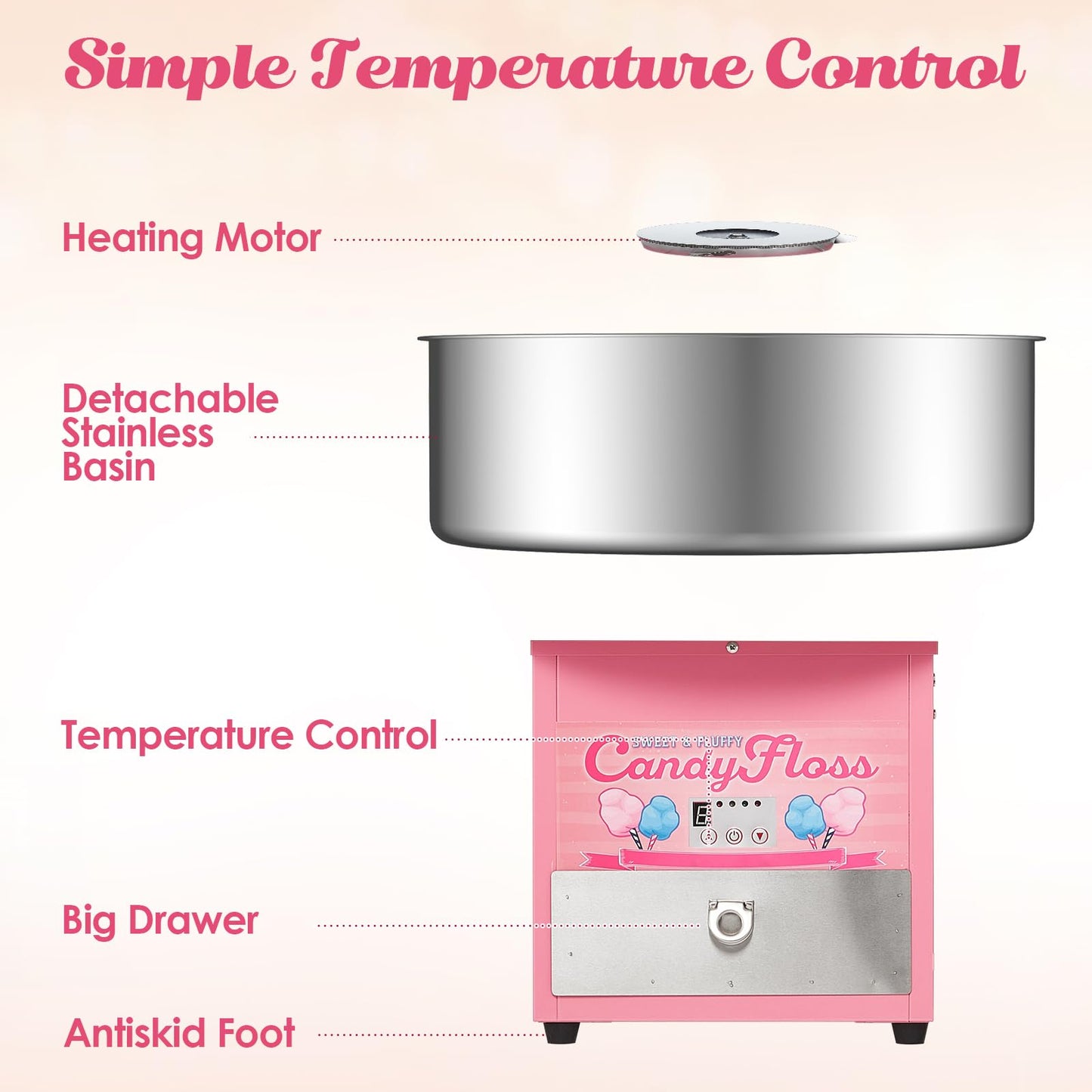 Electric Cotton Candy Maker Commercial, Cotton Candy Machine for Kids with 20 inch Stainless Steel Bowl for Family, Party, Amusement Park, Carnival- Pink