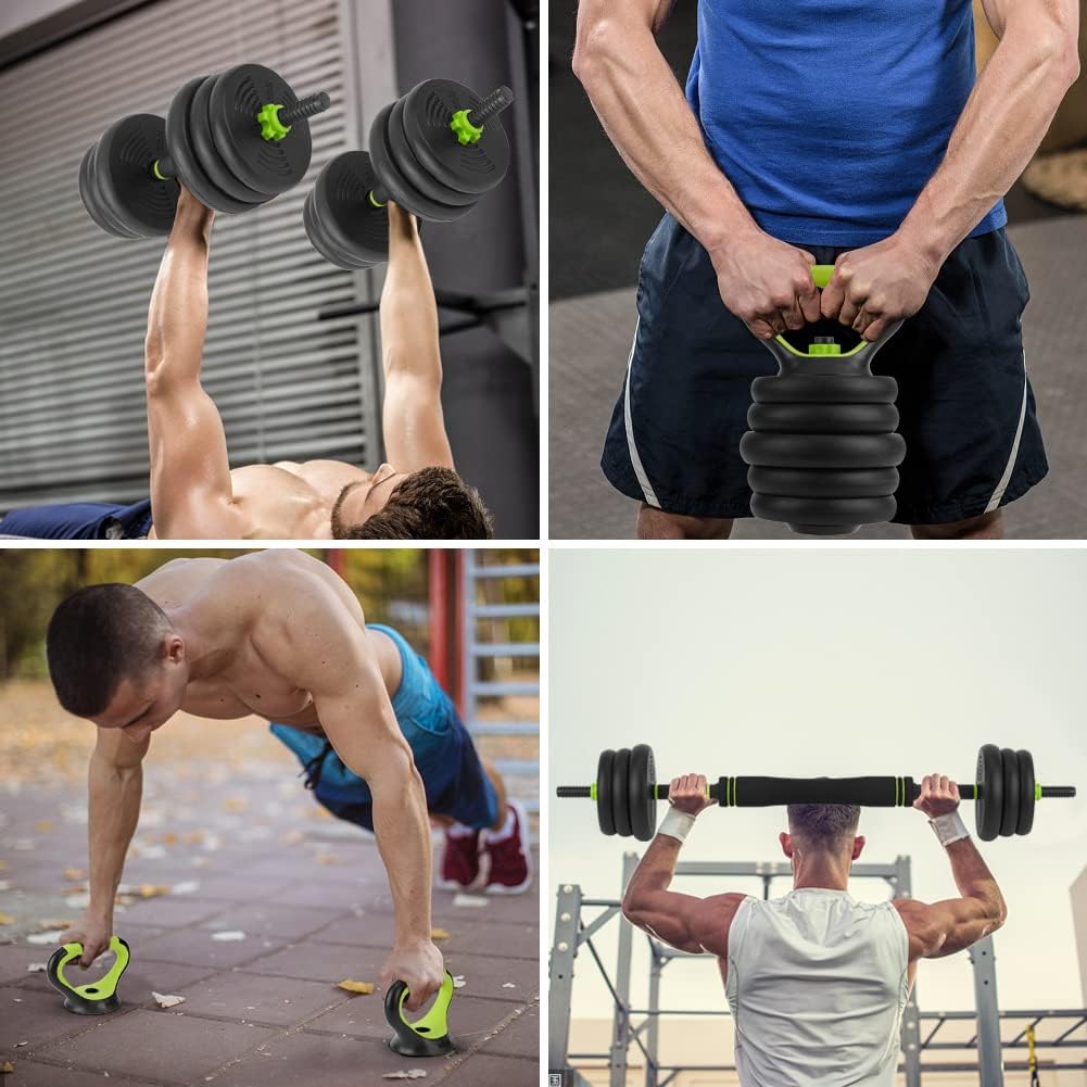 Adjustable Dumbbell Set,88Lbs Free Weight Set with Connector, 4 In1 Dumbbells Set Used As Barbell, Kettlebells, Push Up Stand,Green and Black,Round