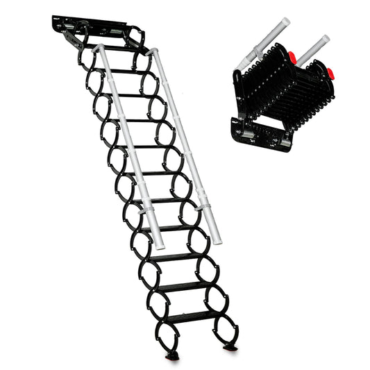 Wall Mounted Folding Ladder with Handrails, Pull Down System Attic Stairs, Telescopic Attic Ladder, Applicable Height 9.6-10ft, Attic, Basement, Warehouse, Passage Folding Stair (Black, 12 Steps)
