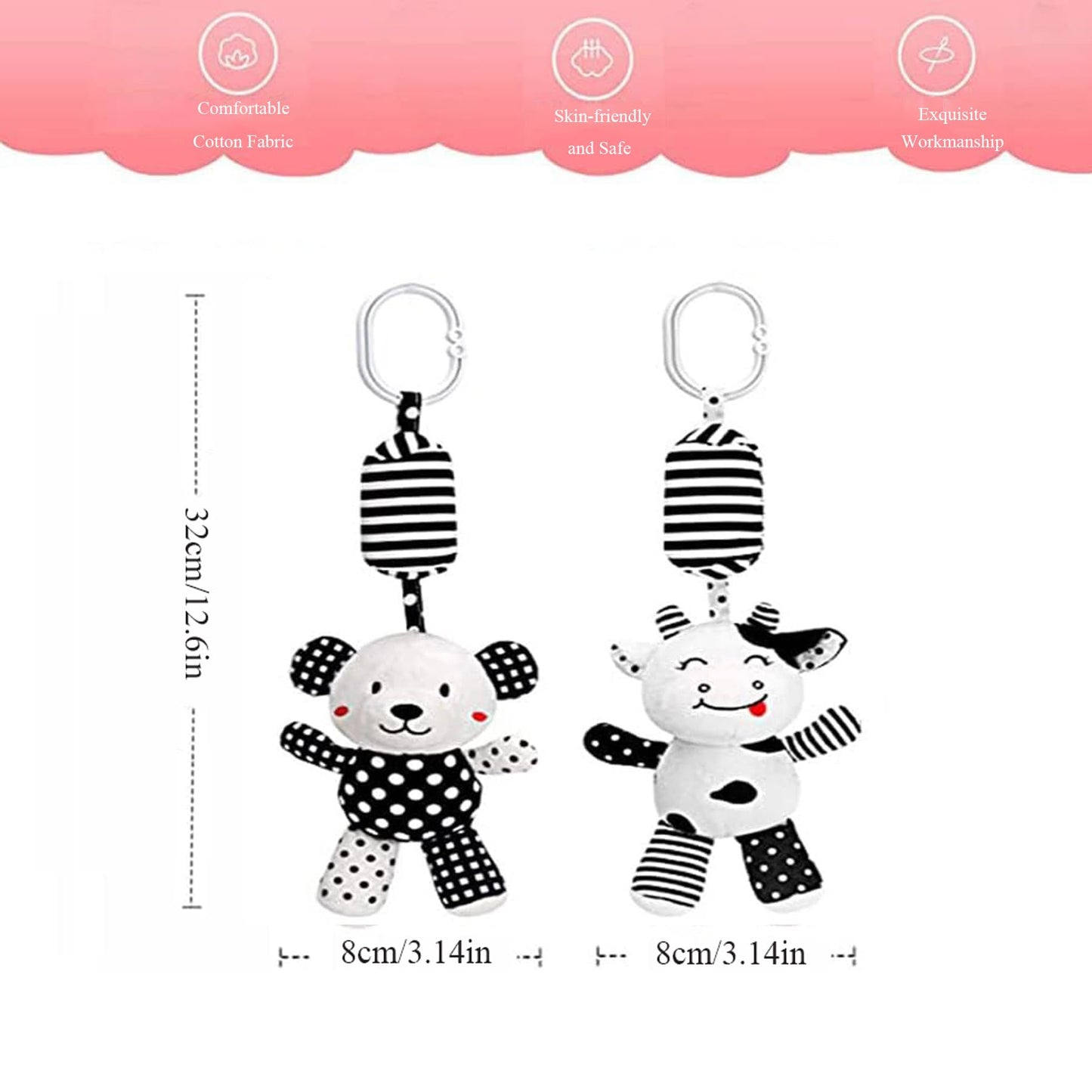 SHXERO Baby Car Seat Toys, Black White Stroller Toy Stretch Baby Spiral Plush Toys, Hanging Rattle Toys for Crib Mobile, Newborn Sensory Toy Best Gift for 0 3 6 9 12 Months (Calf/Panda)