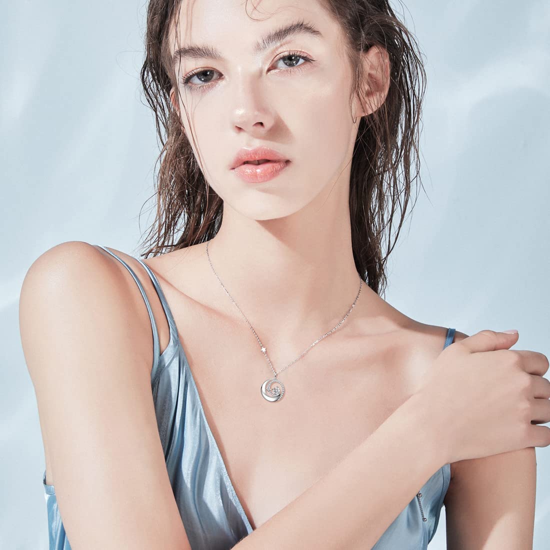 FANCIME April Birthstone Necklace for Women 925 Sterling Silver Moon Star Pendant Simulated Diamond Cubic Zirconia CZ Jewelry Anniversary Birthday Mothers Day Gifts for Mom Women Daughter, 16"+2"