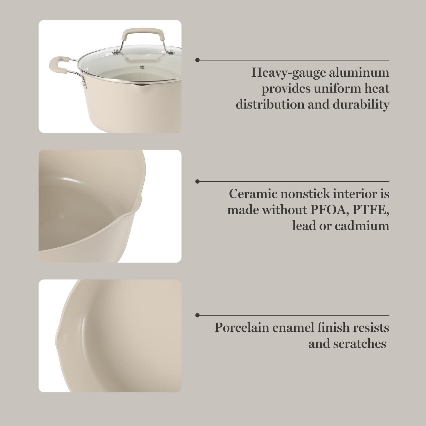 Martha Stewart Heathland Premium Nonstick PFA Free Ceramic Interior 10-Piece Tapered Aluminum Cookware Set - Taupe