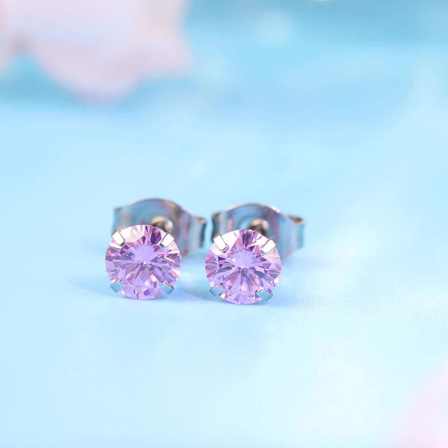 Limerencia Hypoallergenic G23 Titanium Earrings, F136 Implant Grade Pure Titanium, Suitable for Sensitive Ears with Birthstone Crystals CZ Simulated Diamonds (Pink Gems)