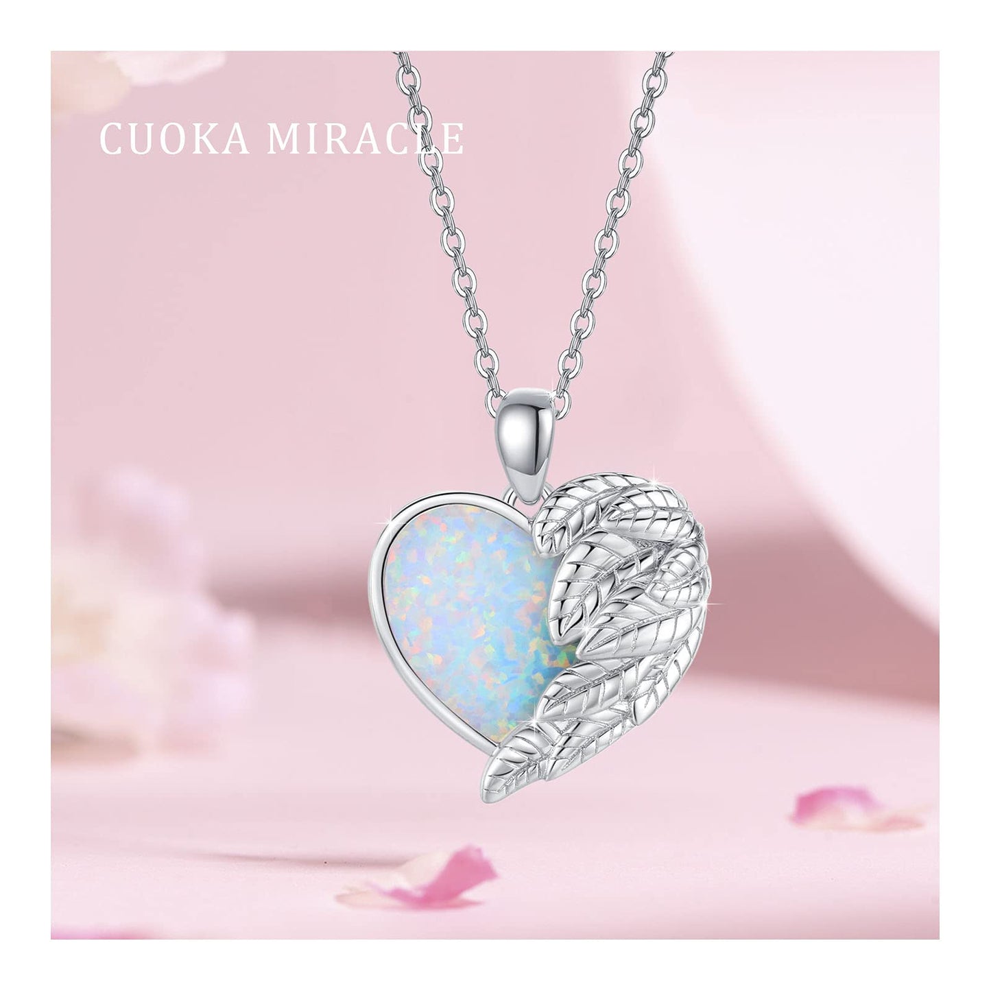 CUOKA MIRACLE Angel Wing Heart Opal Necklace 925 Sterling Silver Guardian Angel Wings Pendant Necklace Half Wing Pendant Dainty Rainbow Opal Necklace Jewelry for Women Mon Gifts