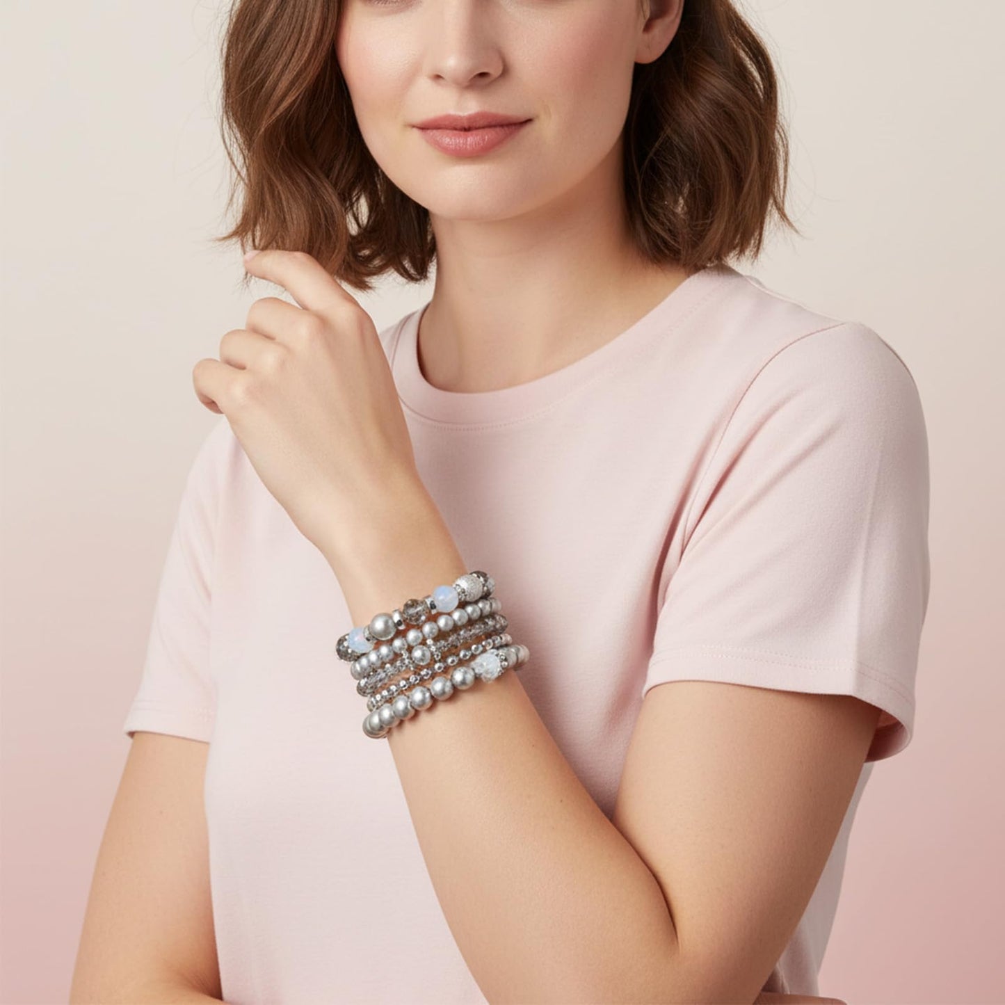 Heclia Beaded Stretch Bracelets Silver Stackable Crystal Beads Bracelets 5PCS Beaded Boho Stretch Bracelet Layering Crystal Stone Bead Bracelet Trendy Costume Jewelry Gifts for Women