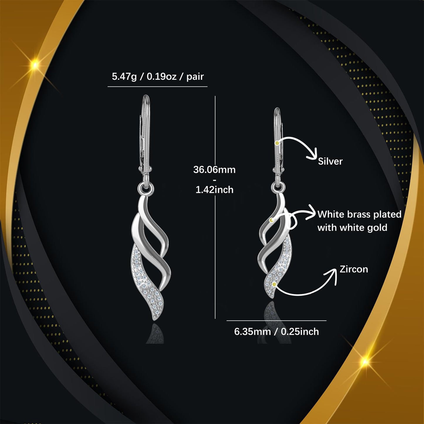 Hypoallergenic Silver Leverback Earrings for Women, Sparkly Teardrop Dangle Earrings, Lightweight, Tarnish-Resistant, Nickel-Free, Perfect for Work, Parties & Gifts (Wings)