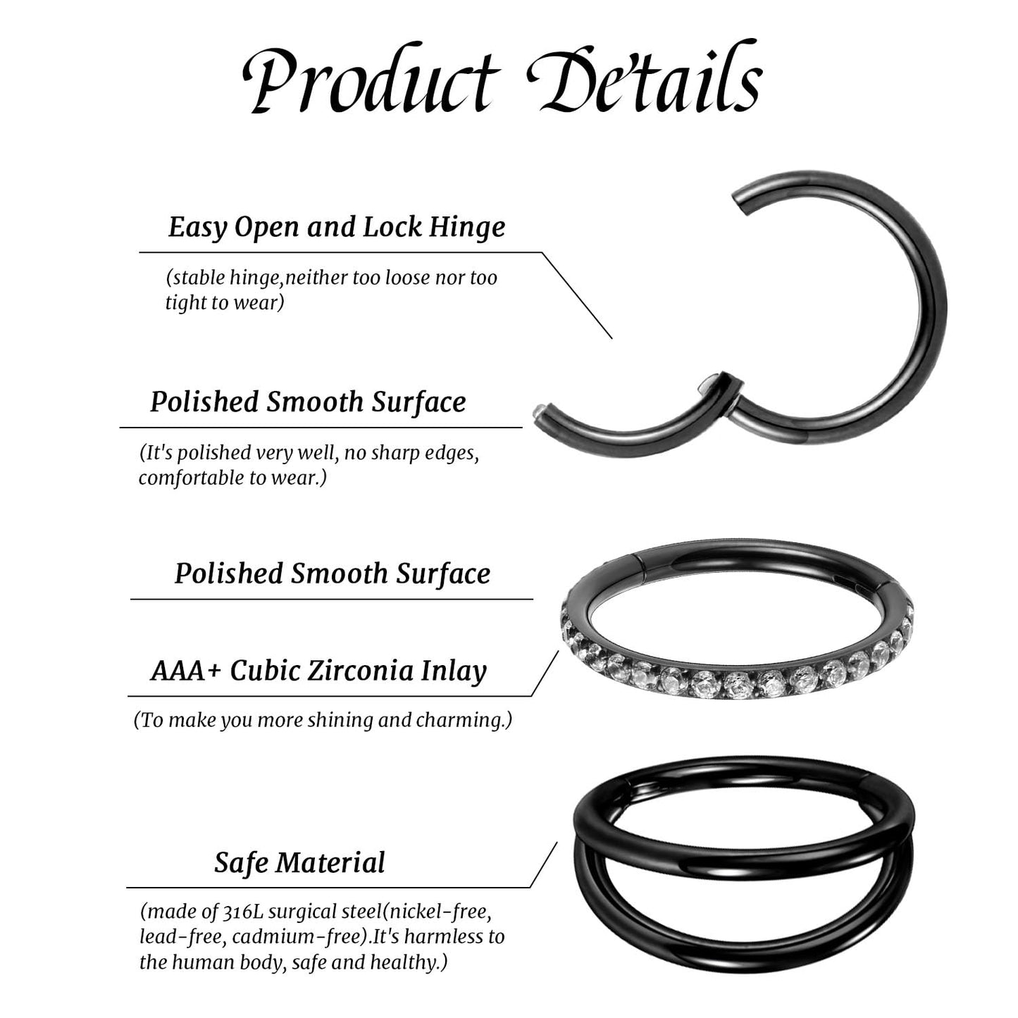 GAGABODY Unisex 16G Black Surgical Steel Multi-Use Body Jewelry - Nose Hoop, Lip, Septum, Conch, Helix, Cartilage, Ear Lobe - 3pcs with Velvet Bag