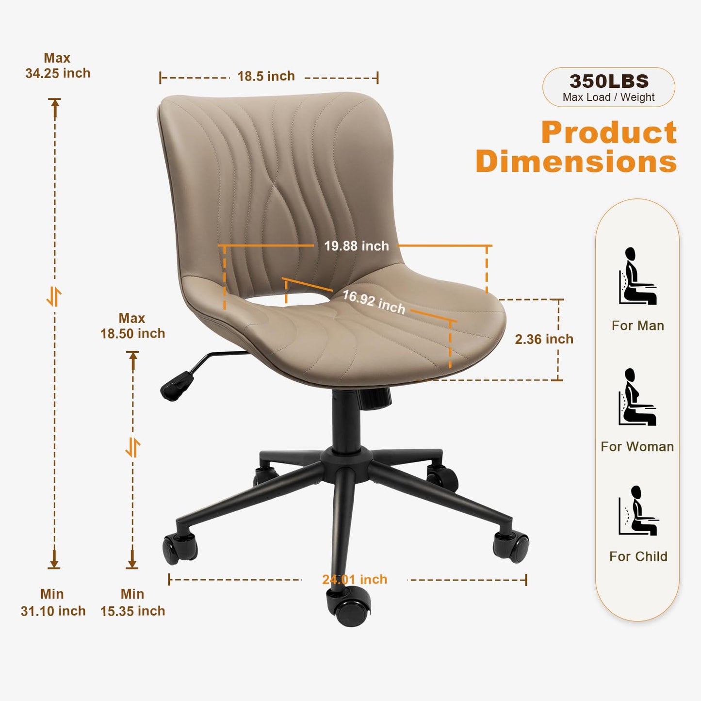 VATROS Office Chair, Armless Desk Chair with Wheels, Ergonomic Comfy Home Office Computer Task Chairs,Faux Leather Padded Cute Vanity Chair, Adjustable Height Swivel Chair with Back, Khaki