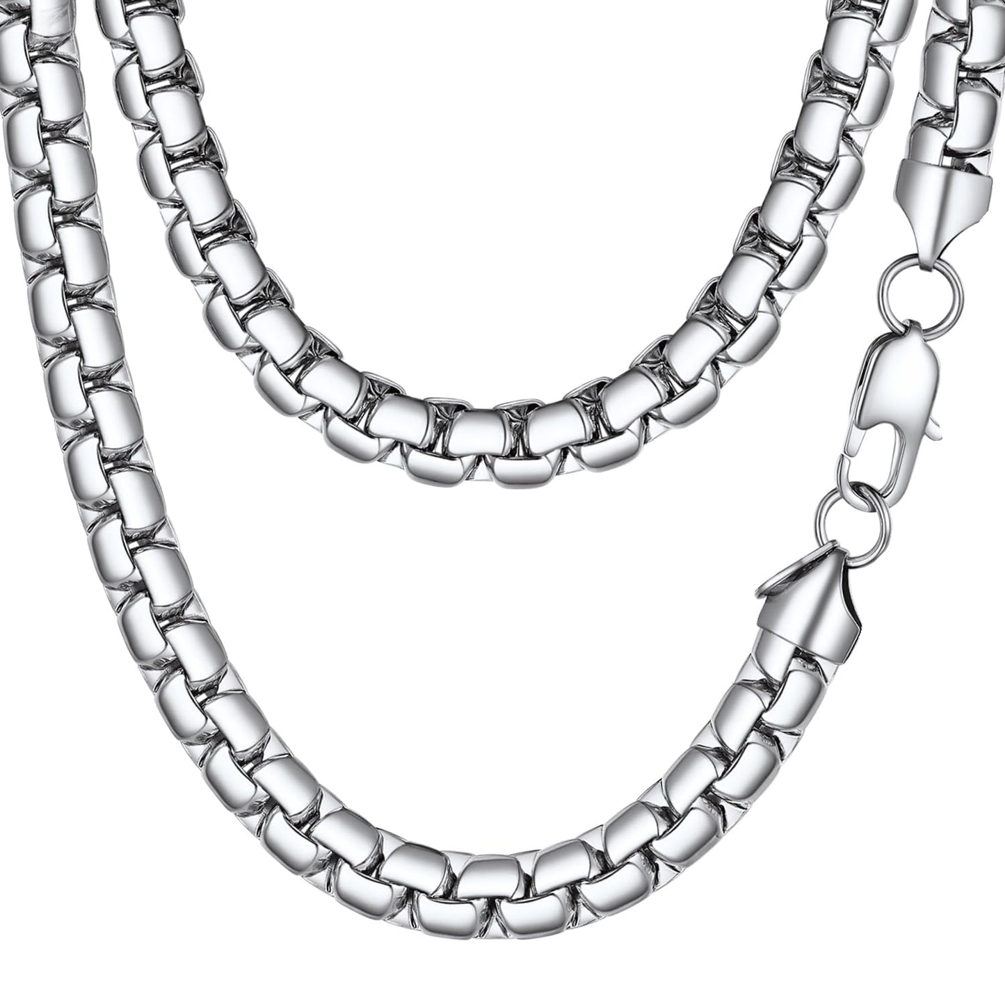 PROSTEEL Silver Chain for Mens 8mm Anti-Tarnish & Unbreakable Links Flat Box Necklace Hip Pop Chunky Chain Jewelry