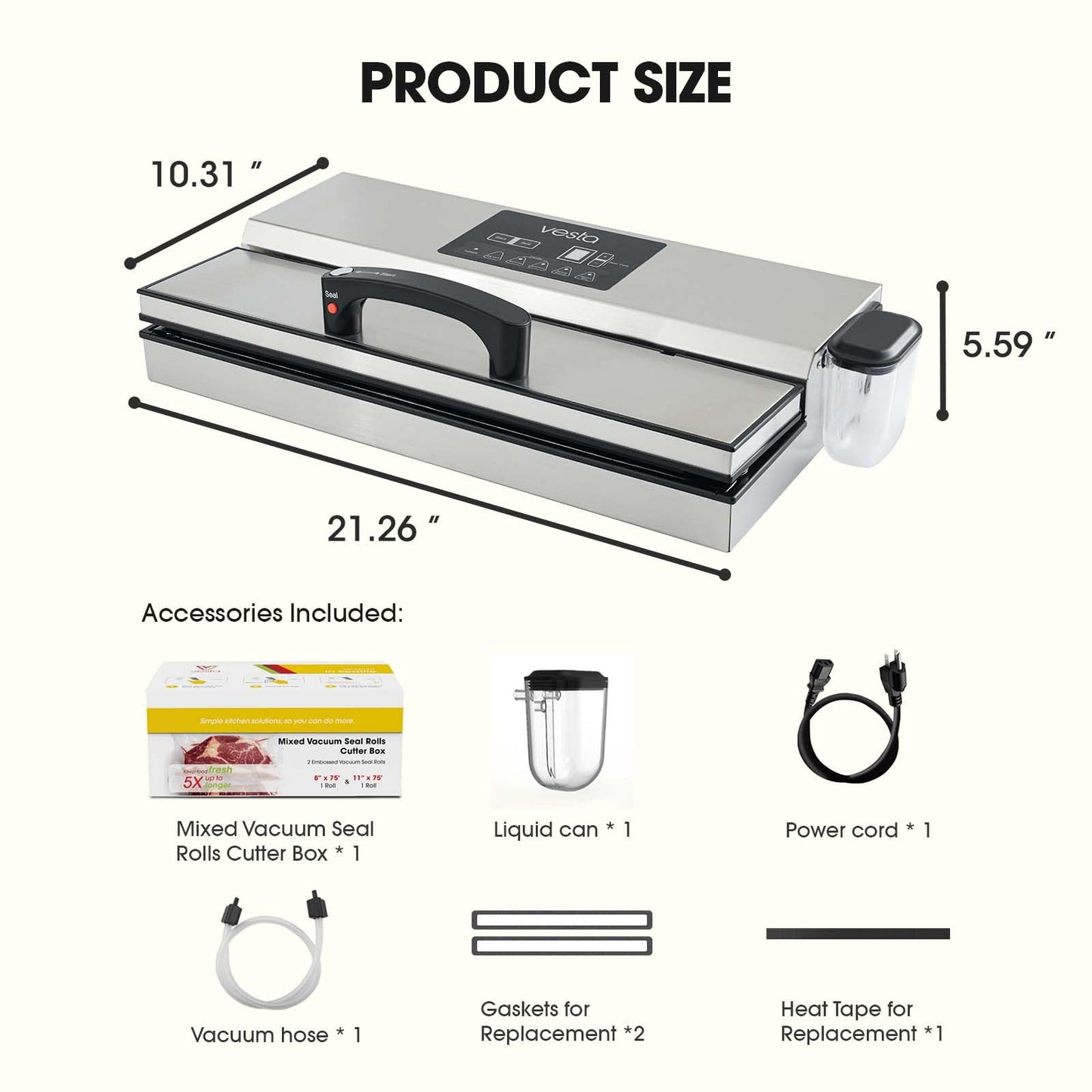 Vesta Precision 16'' Commercial Vacuum Sealer Machine for Moist Foods, 95kPa Heavy Duty Meat Sealer with Dual Vacuum Pumps & Auto Cooling, Adjustable Sealing and Vacuum Time Control, Stainless Steel
