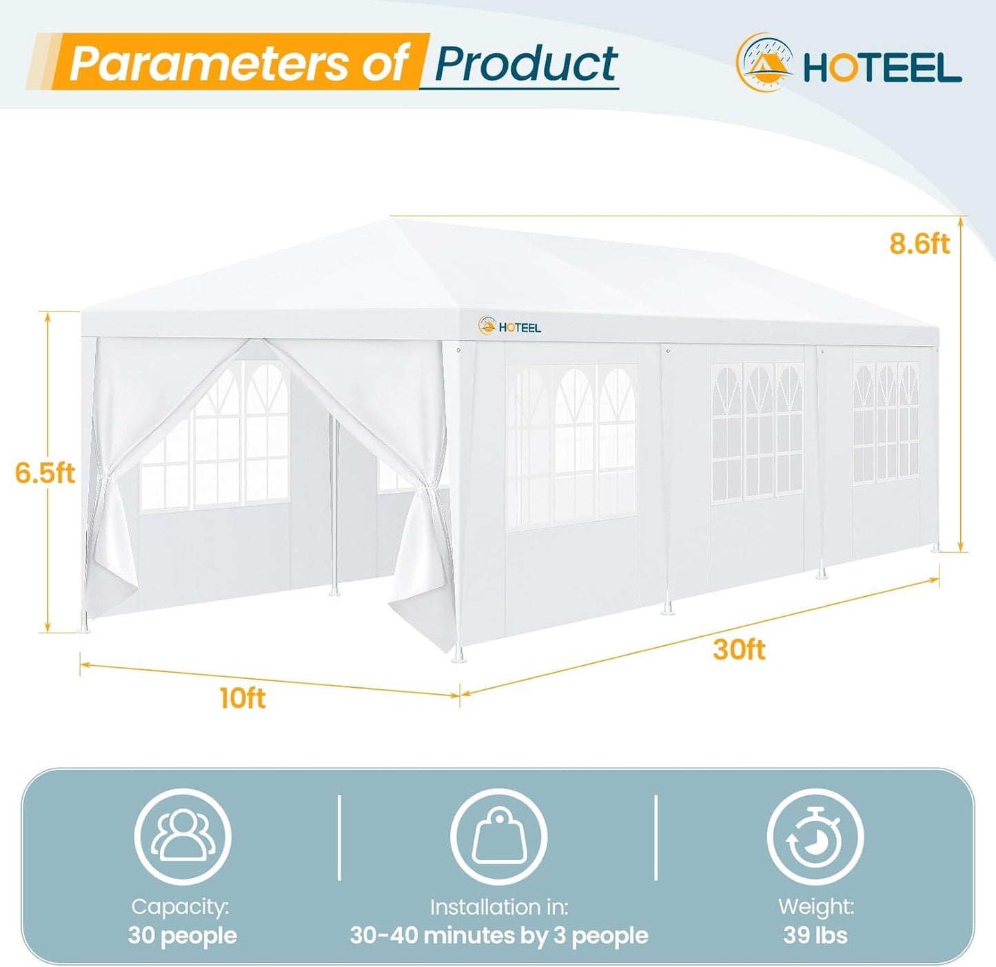 HOTEEL 10x30FR Party Tent 300 Sq Ft Outdoor Canopy with 8 Removable Sidewalls, 2 Zipper Doors, 16 Ropes and 36 Stakes, Carpas para Fiestas for Baby Shower BBQ Wedding Backyard Event, White