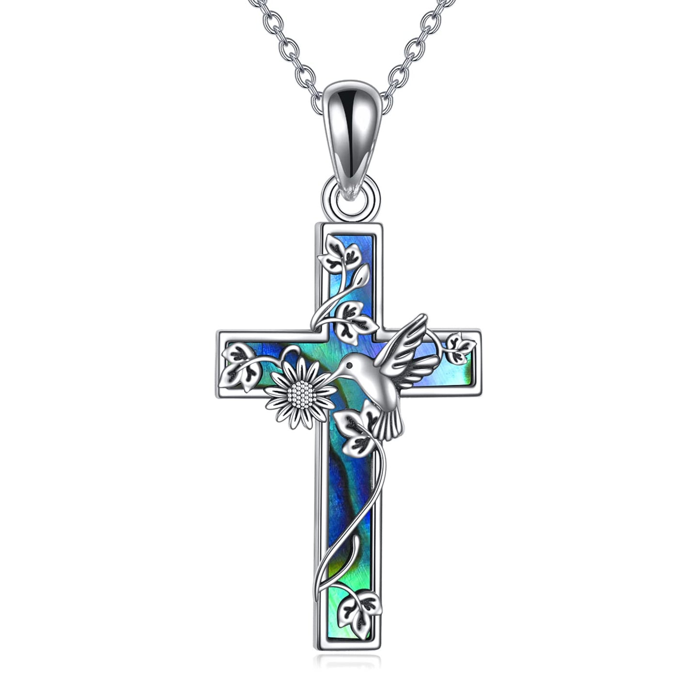 YFN Sunflower Cross Necklace Sterling Silver Hummingbird Cross Pendant Abalone Shell Jewelry Religious Christian Baptism Gifts for Her Women