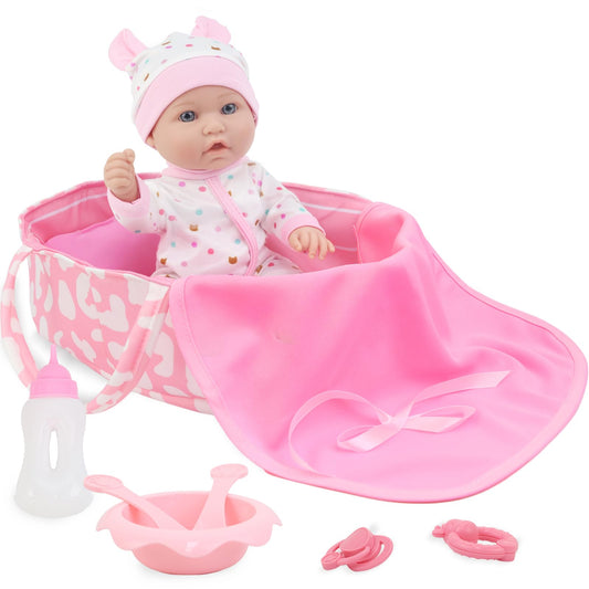 ZITA ELEMENT 12 Inch Baby Doll with Accessories for Baby Doll Reborn Includes Carrier Bassinet Bed, Pacifier, Blanket, Pillow, Feeding Set, New Born Doll Playset for Toddlers 3 Ages and Up