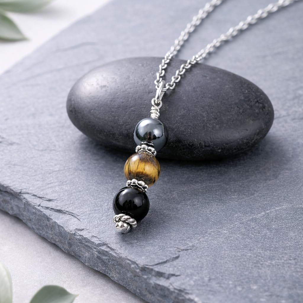 EnCharmed Antique Silver Triple Protection Necklace, Handmade Healing Jewelry for Luck Prosperity Happiness, Natural Hematite Tiger Eye and Black Obsidian Pendant, Spiritual Gift for Men or Women