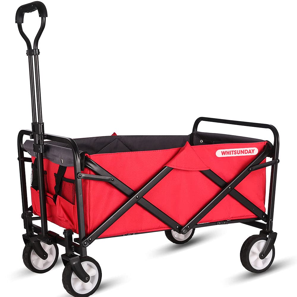 WHITSUNDAY Collapsible Folding Garden Outdoor Park Utility Wagon Picnic Camping Cart, Heavy Duty Foldable with Wheel and Bottle Holders Red