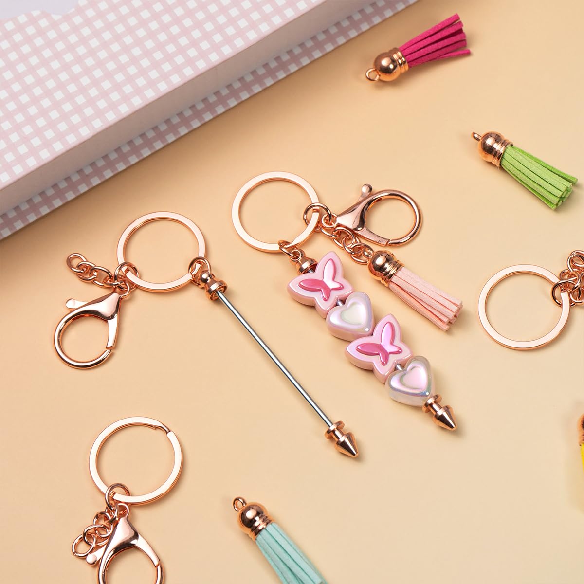40 Pcs Beadable Keychain Bar, Golden-Pink Beaded Keychain for Pendant DIY and Colorful Leather Tassel Loose, Alloy Keychain Accessories Bulk for Keychain Supplies Jewelry Making Gift (Gold-Pink)