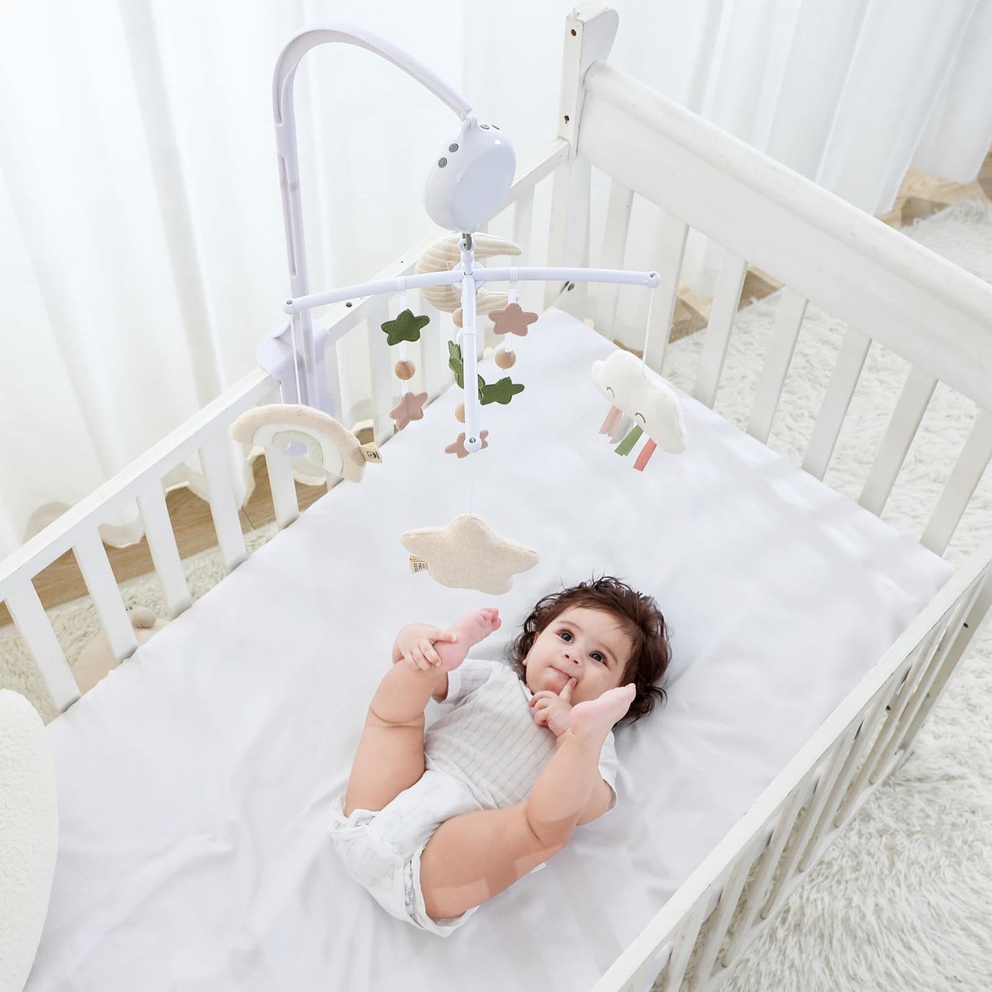 COTTONBEBE Crib Mobile 35 Lullaby Music, Cotton Baby Mobiles for Cribs & Pack N Play, Easy to Install, Stuffed Animals Hanging Toys Newborn Boys & Girls, Star Nursery Decor
