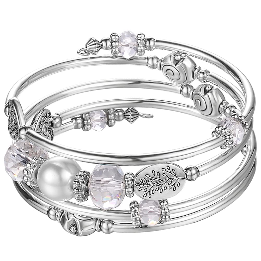 PEARL&CLUB Bead Crystal Wrap Bangle Bracelet - Fashion Jewelry Beaded Bracelet with Silver Metal, Gifts for Women(92-White)