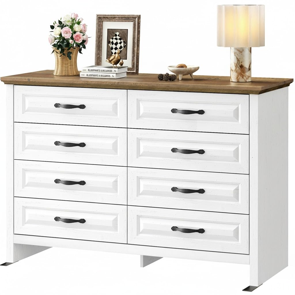 Marsail Farmhouse 8 Drawer Dresser, Wood Chest of Drawers with Natural Texture, Smooth Gliding Drawers, Versatile Storage Organizer Cabinet for Bedroom & Living Room, White and Brown